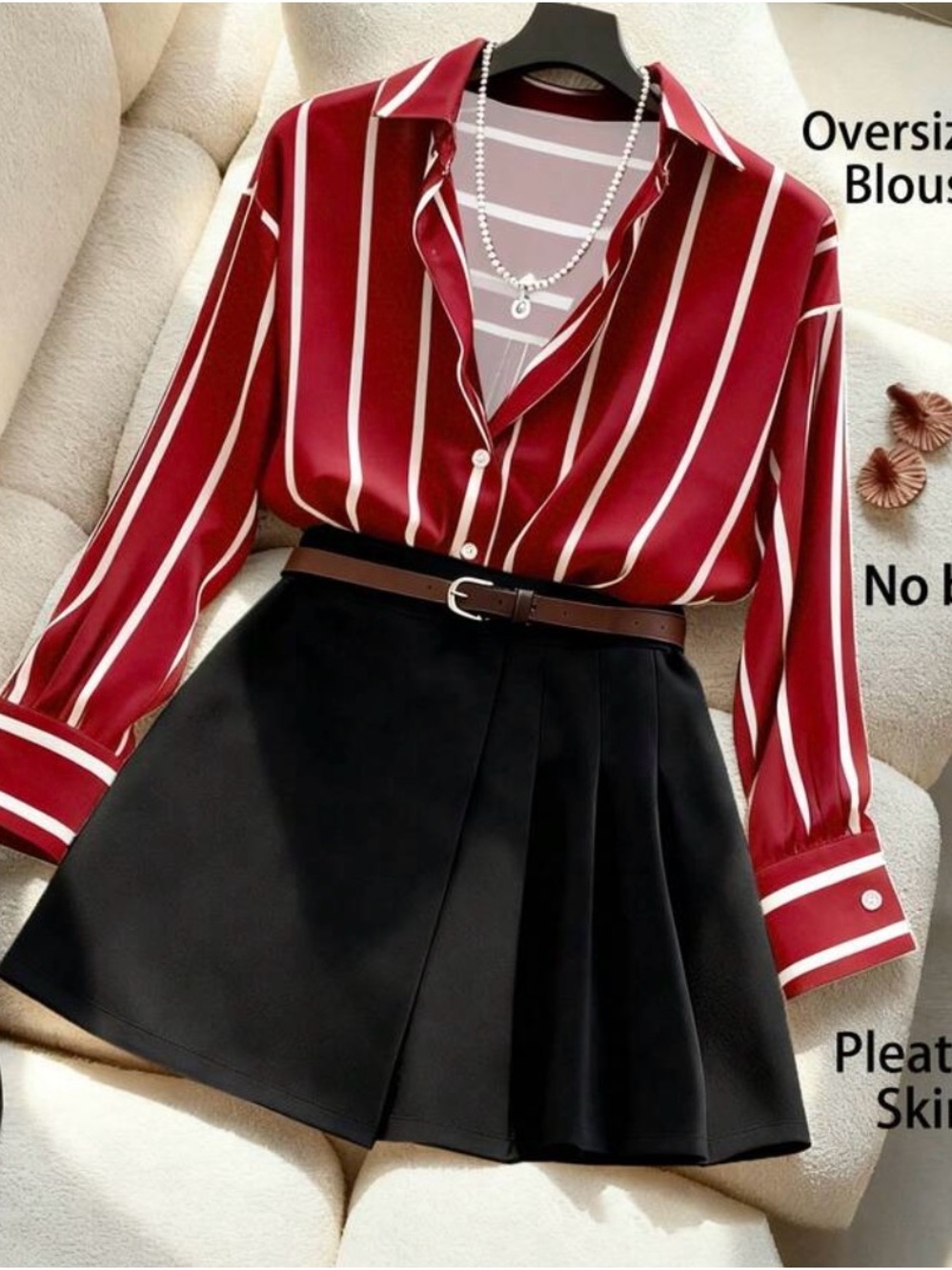 Red and White Striped Button-Up Blouse and skirt